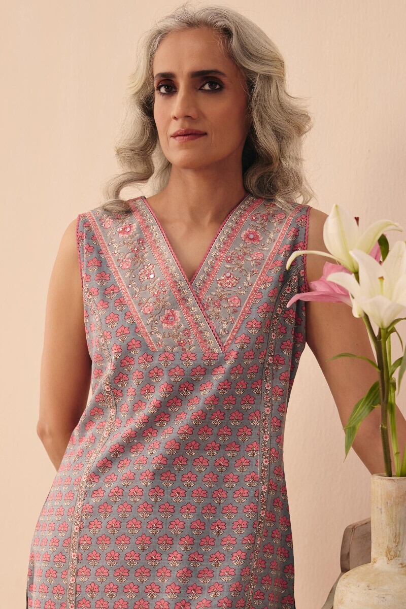 Grey Hand Printed Straight Cotton Slub Kurta