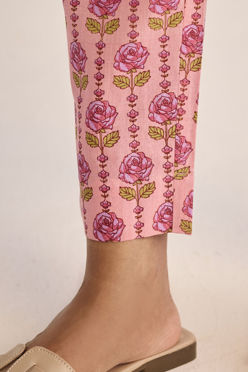 Pink Hand Printed Cotton Narrow Pants