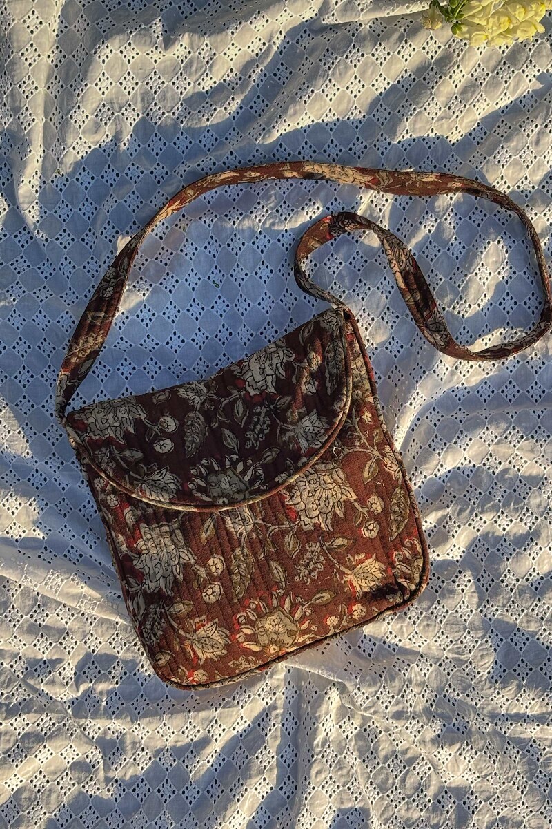 Brown Hand Block Printed Cotton Flax Cross Body Bag