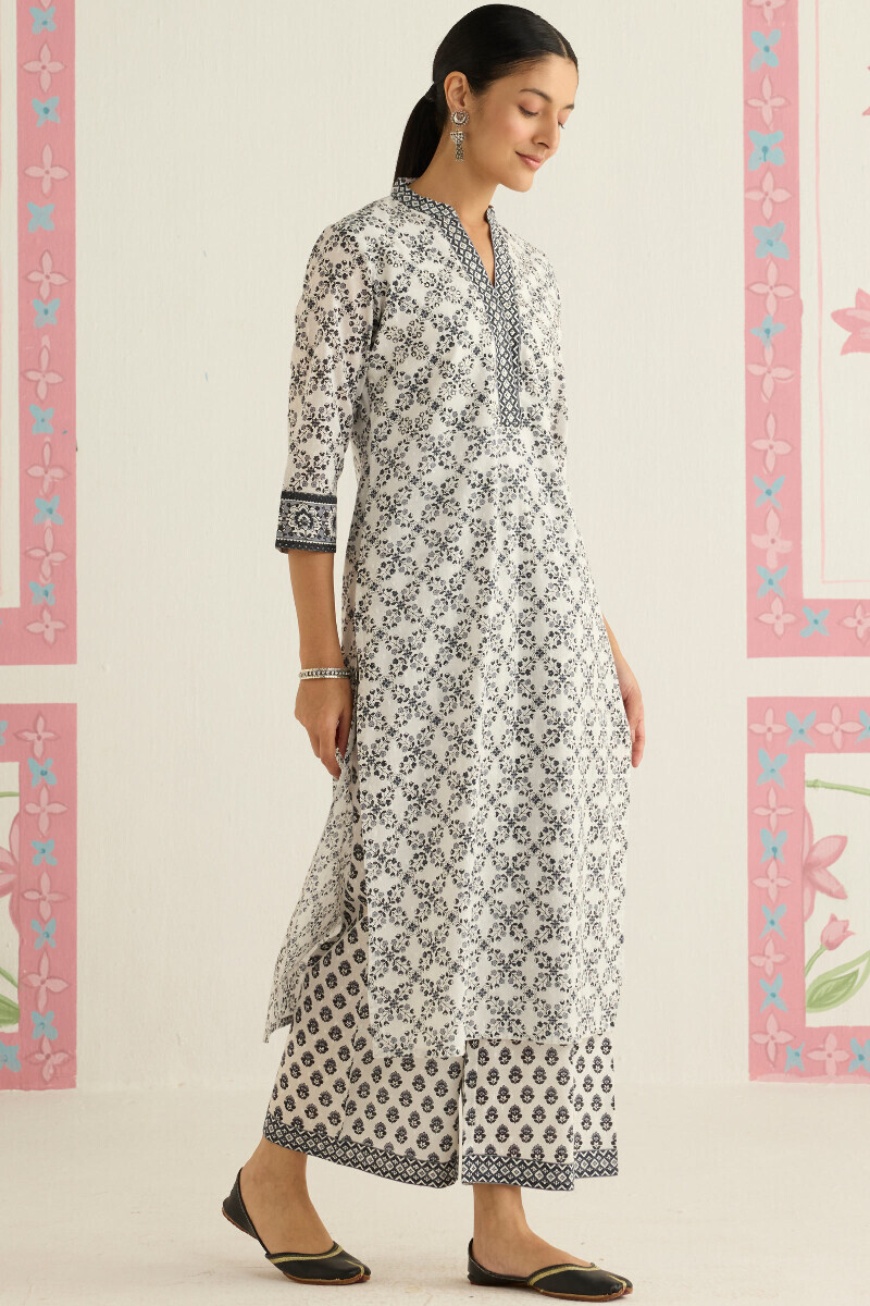 White Hand Printed Straight Cotton Dobby Kurta