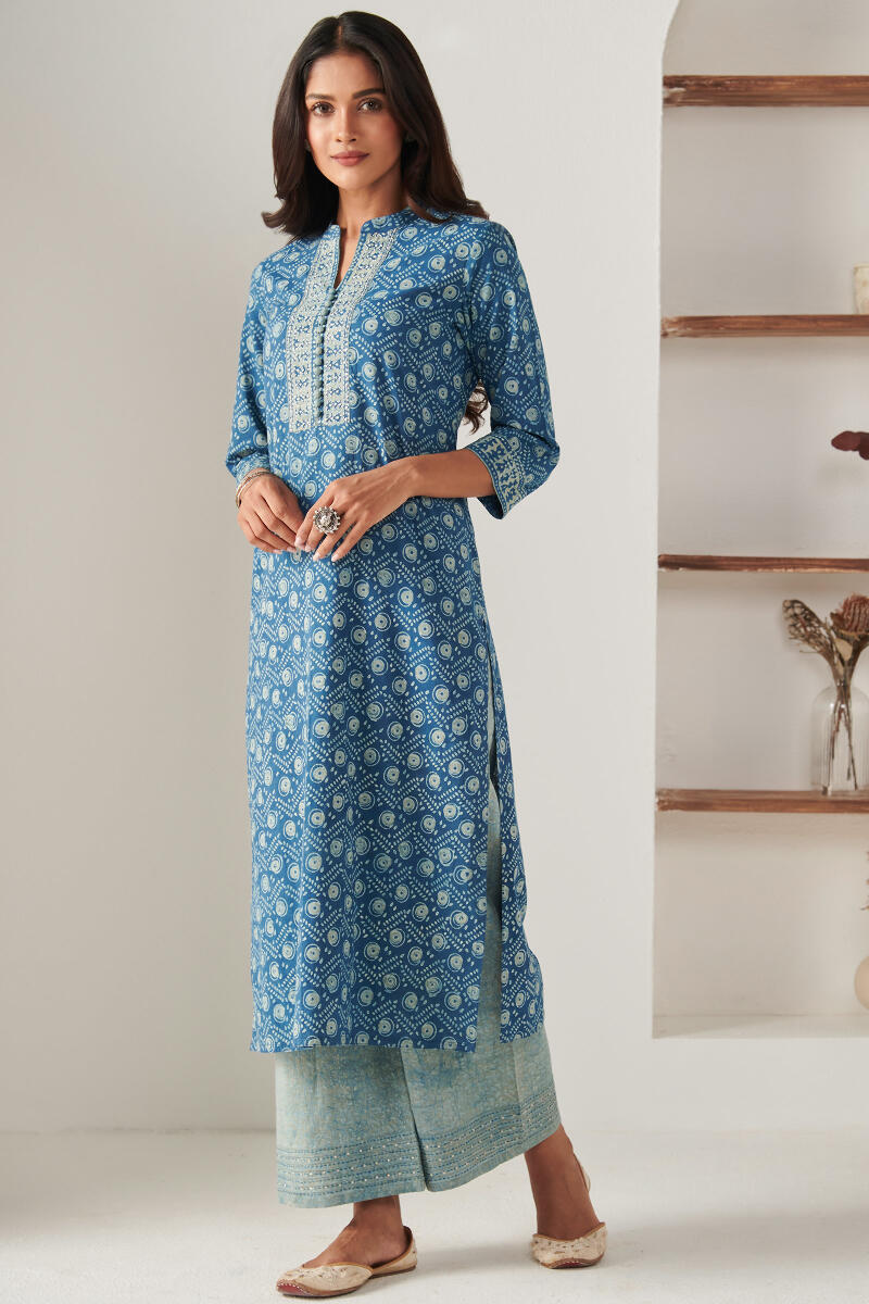 Indigo Block Printed Straight Cotton Kurta
