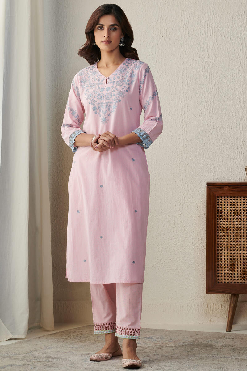 Pink Block Printed Straight Cotton Kurta
