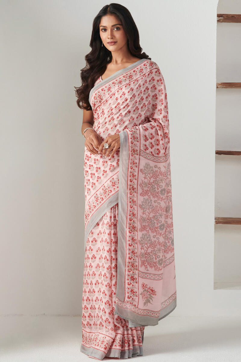 Pink Block Printed Modal Saree