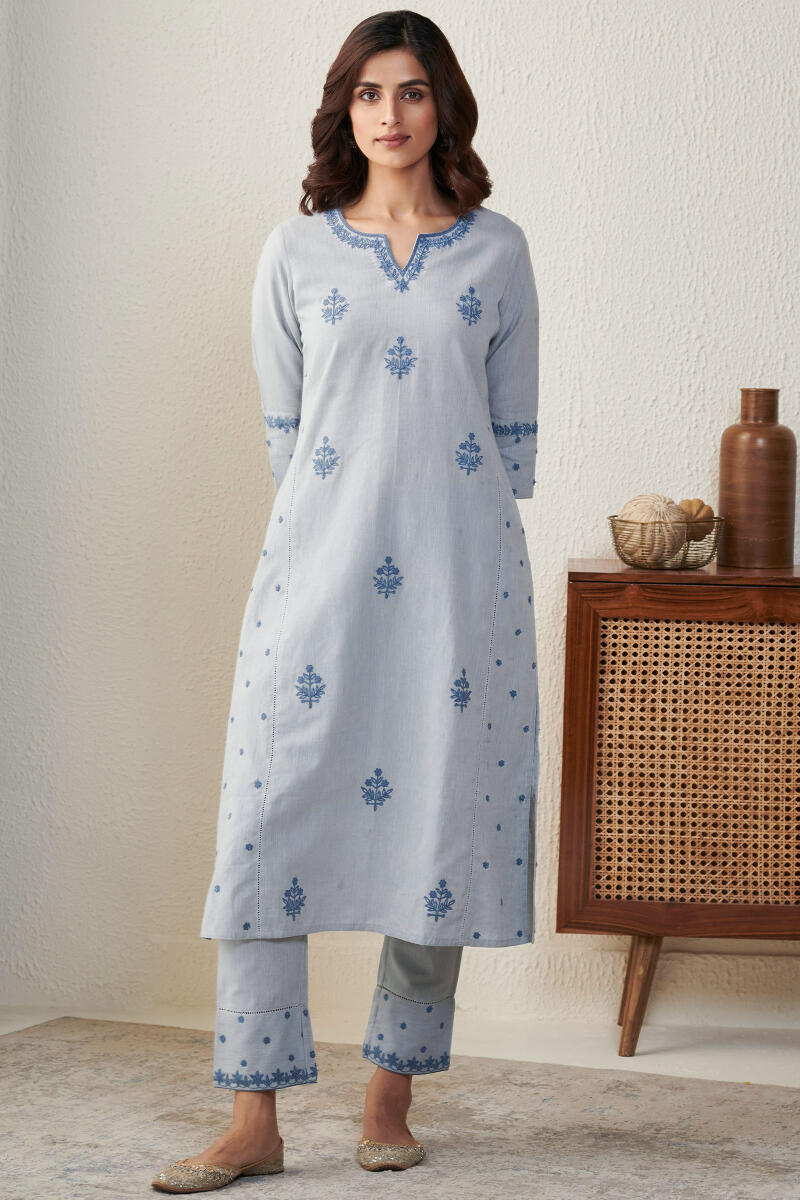 Blue Handcrafted Straight Cotton Kurta