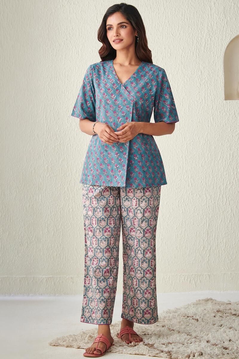 Blue Block Printed Cotton Loungewear Set