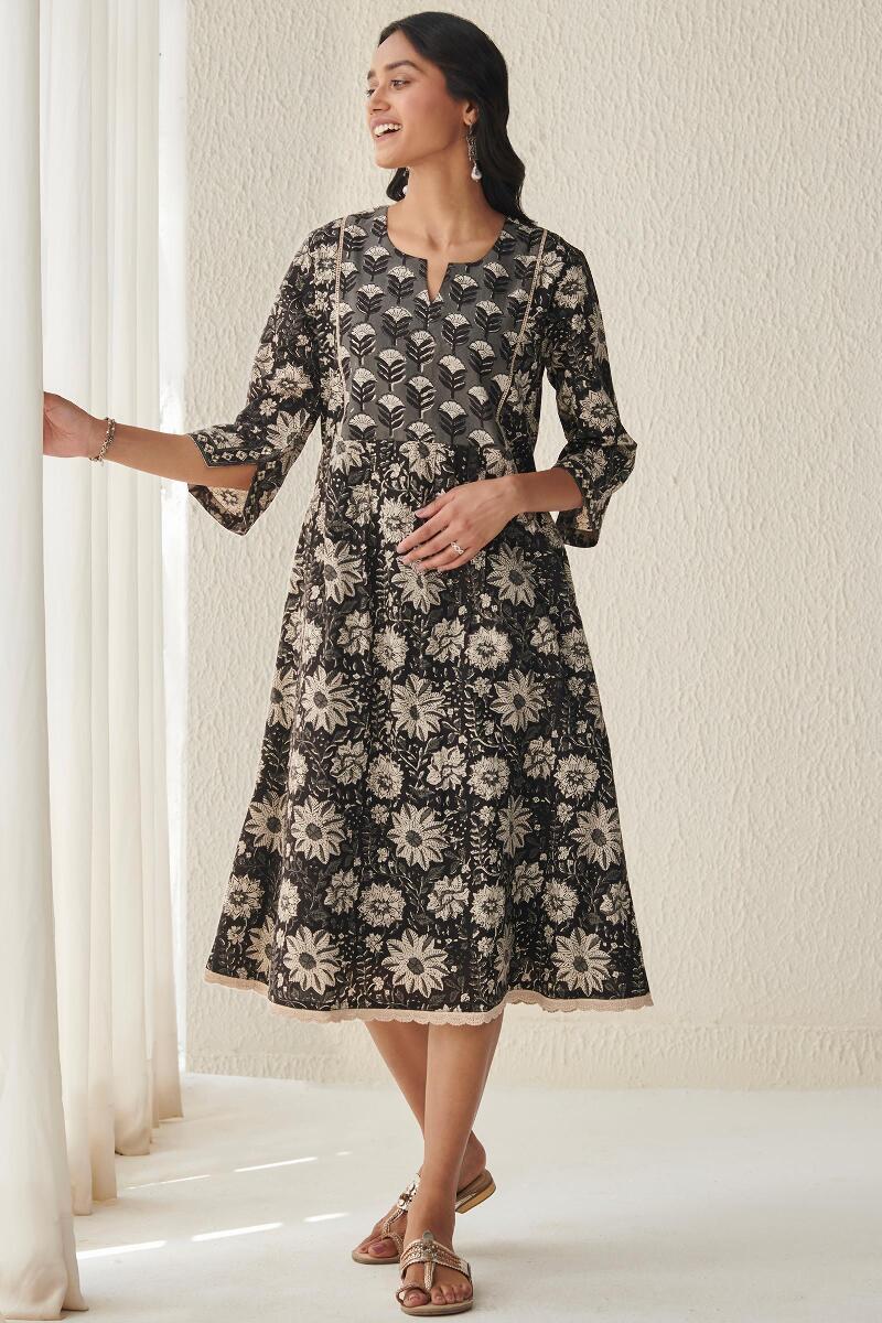 Black Block Printed Cotton Dress