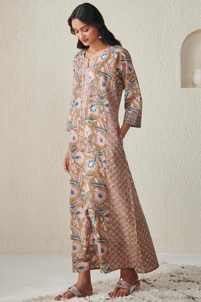 Brown Block Printed Cotton Kaftan