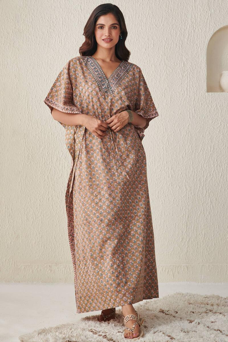 Brown Block Printed Cotton Kaftan