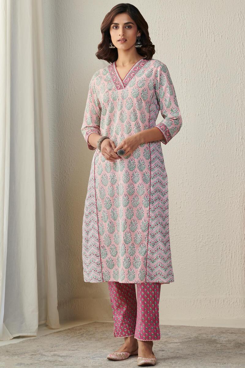 Pink Block Printed Straight Cotton Kurta
