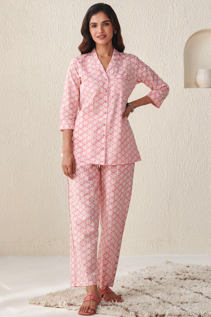 Pink Hand Block Printed Cotton Loungewear Set