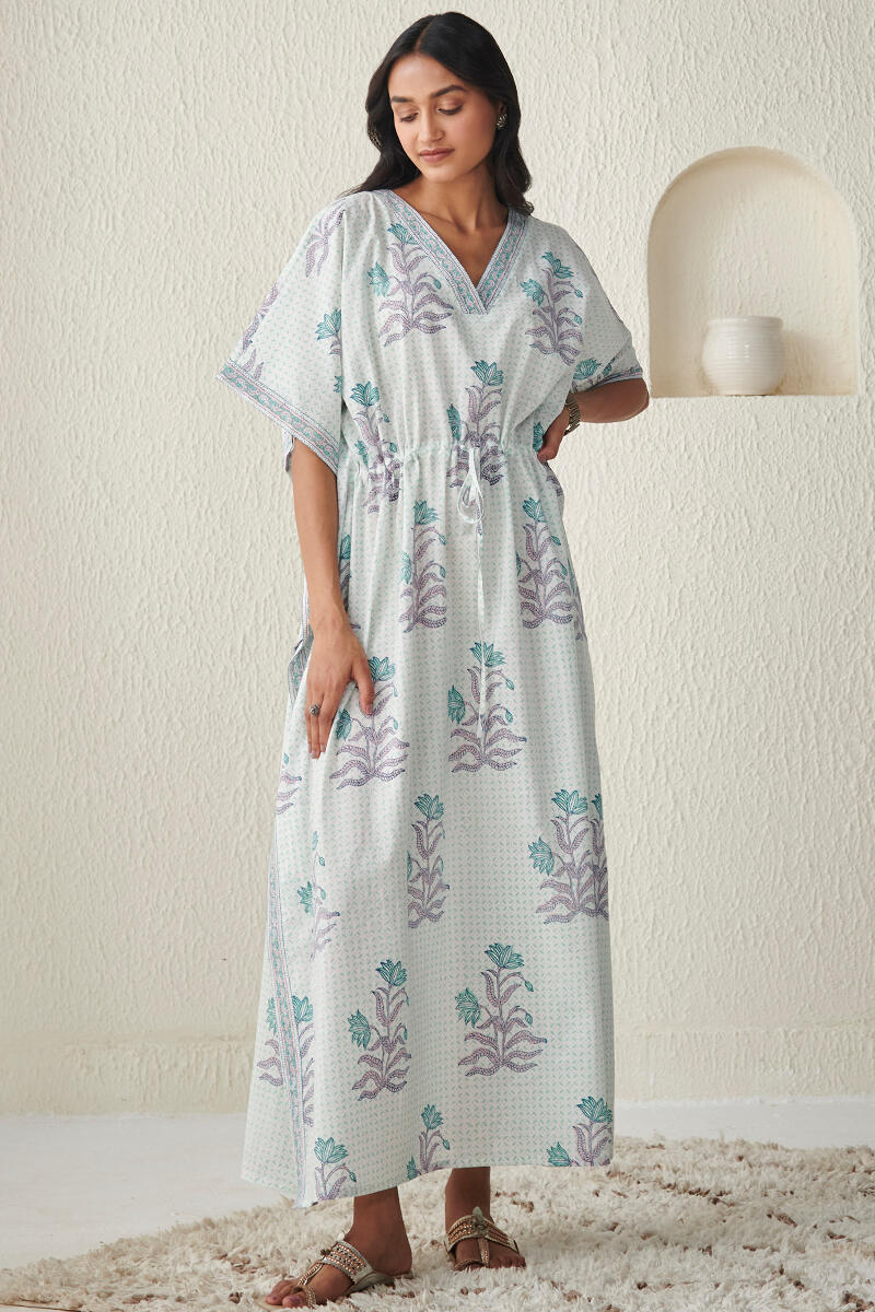 White Hand Block Printed Cotton Kaftan