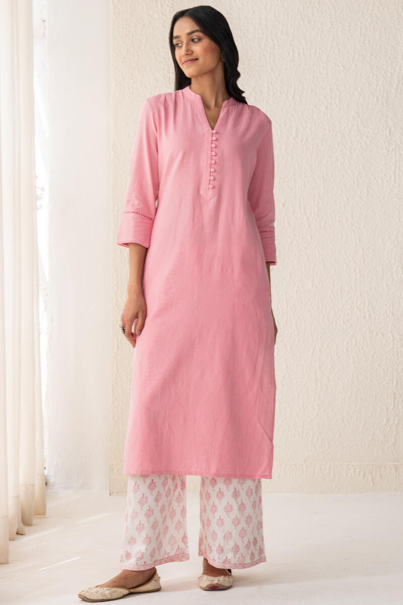Pink Handcrafted Straight Cotton Kurta