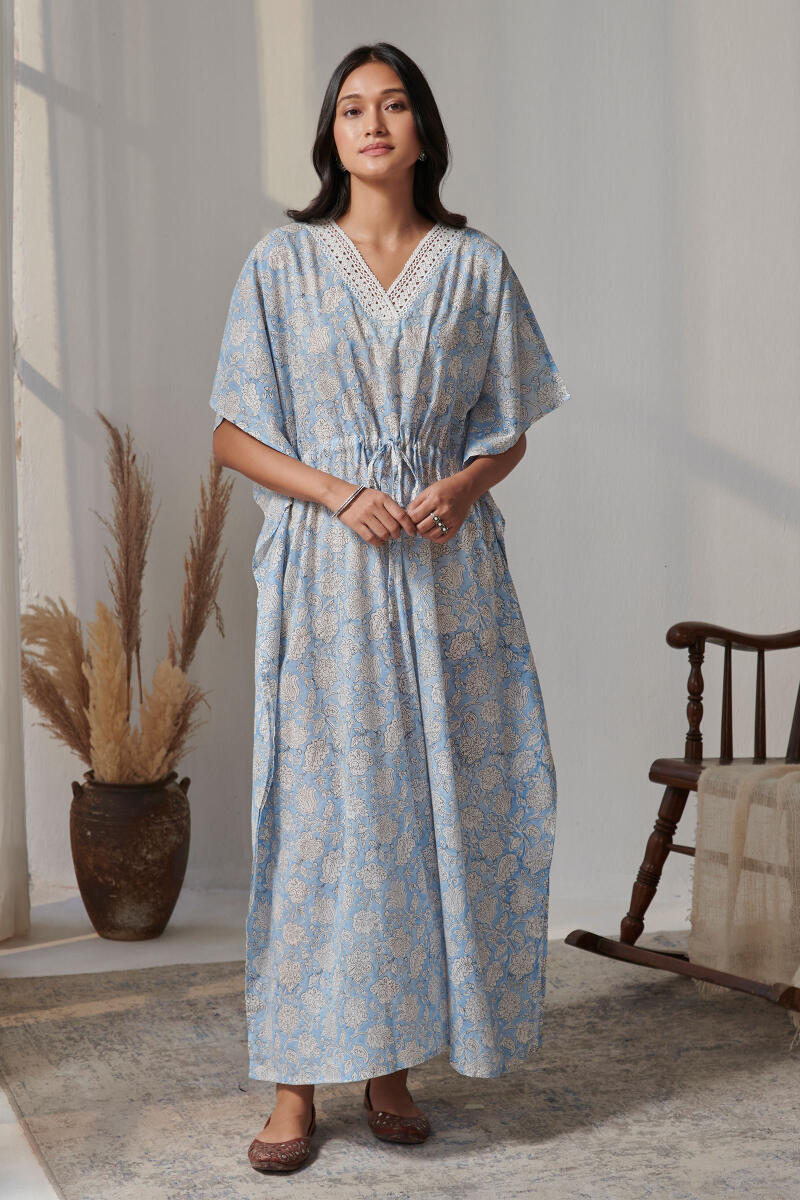 Blue Block Printed Cotton Kaftan