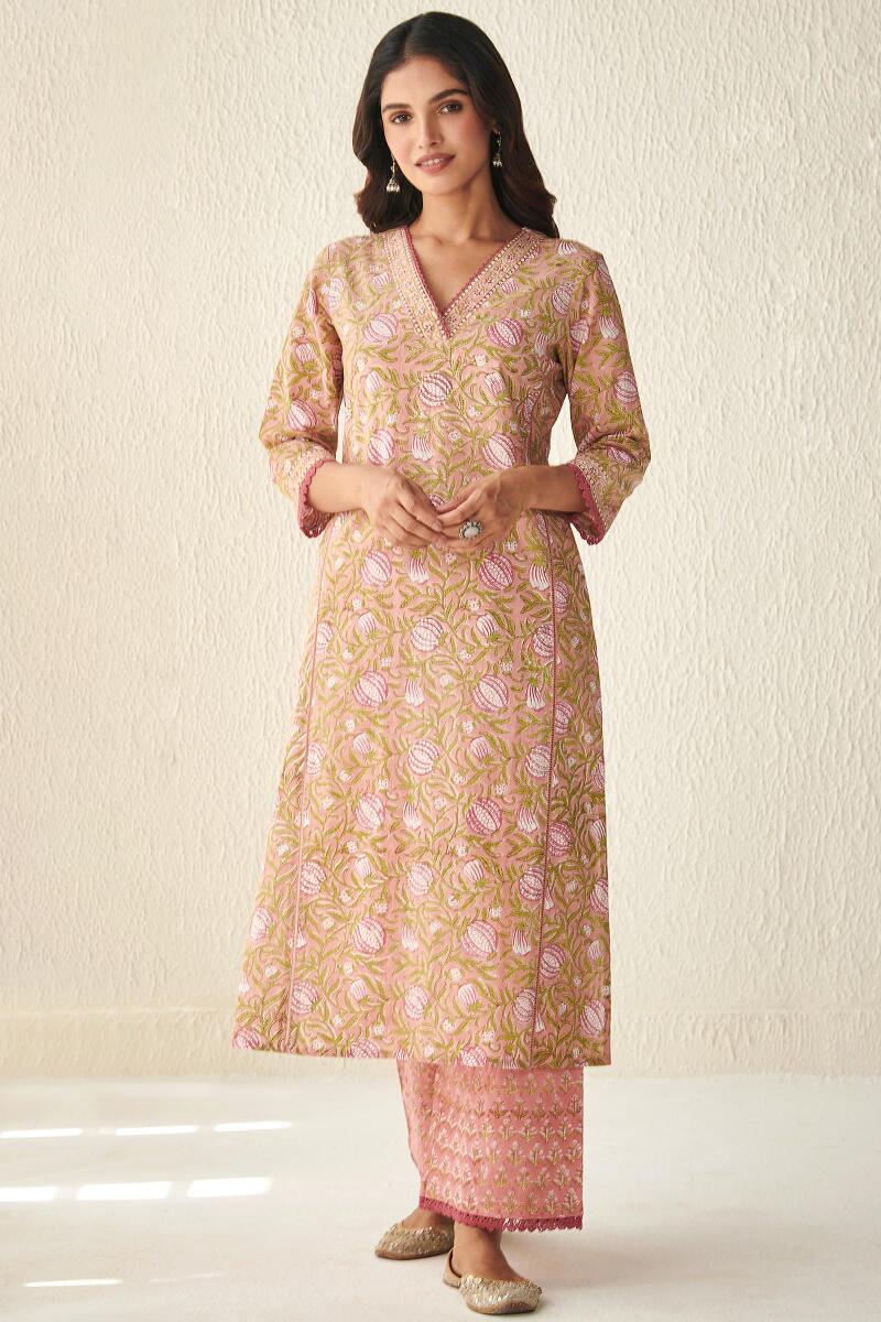 Pink Hand Block Printed Straight Cotton Kurta