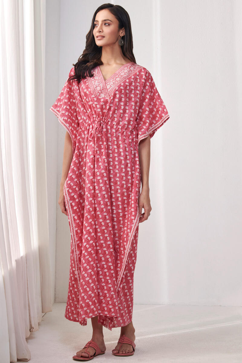 Pink Hand Block Printed Cotton Kaftan