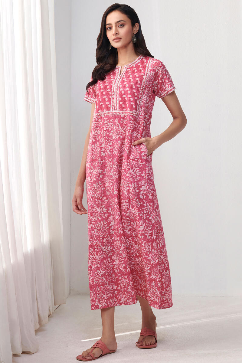 Pink Hand Block Printed Cotton Kaftan