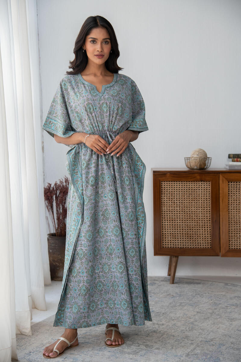 Grey Block Printed Cotton Kaftan