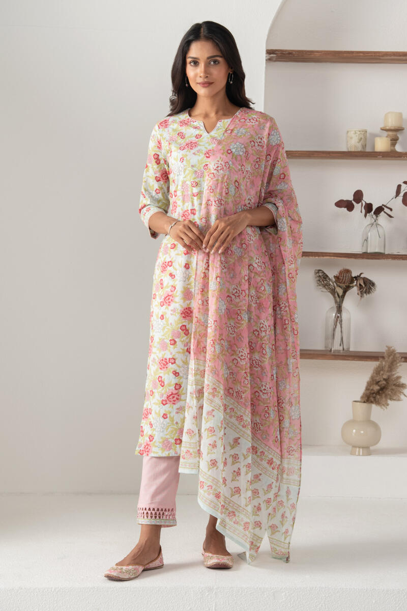Pink Block Printed Cotton Dupatta
