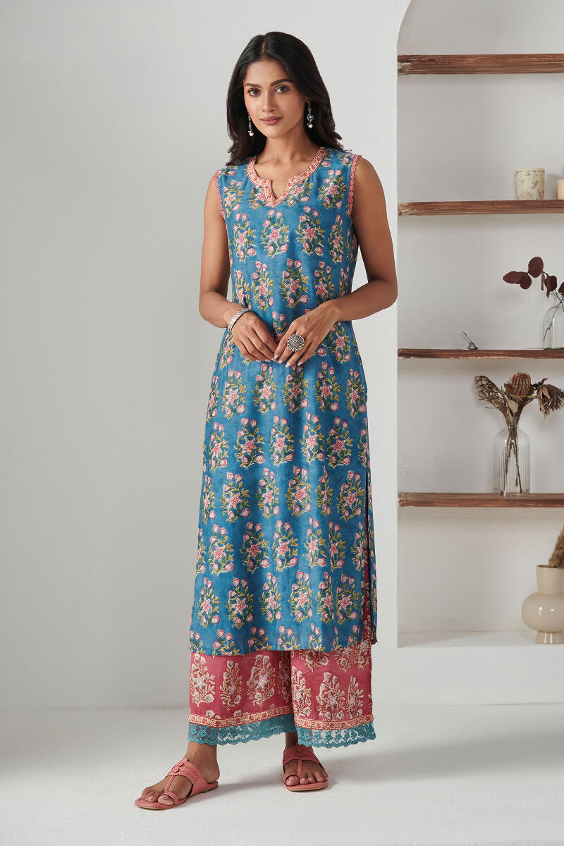 Blue Block Printed Straight Cotton Modal Kurta