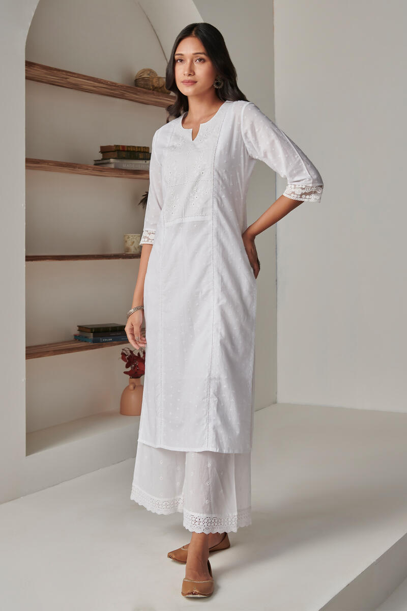 White Handcrafted Straight Cotton Kurta