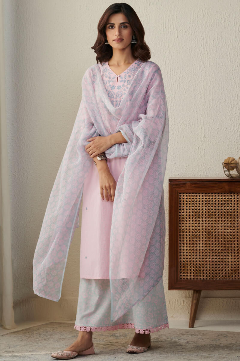 Pink Block Printed Straight Cotton Kurta