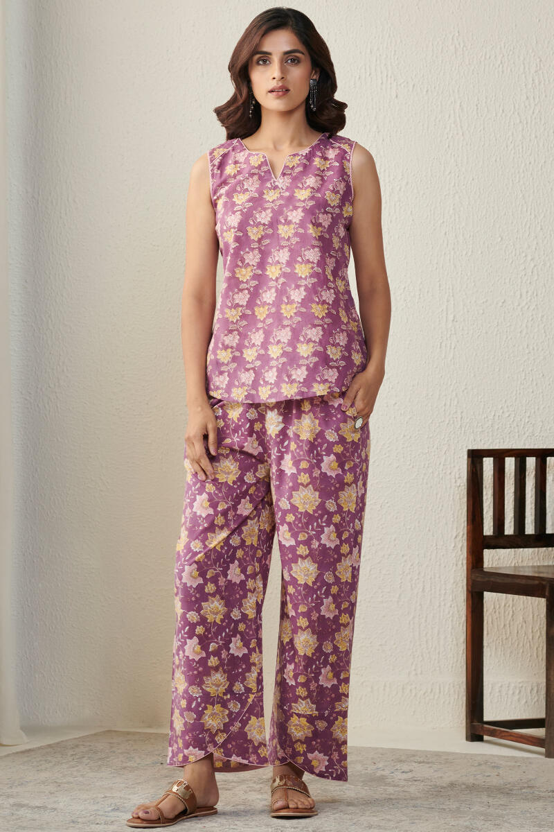 Purple Block Printed Cotton Loungewear Set