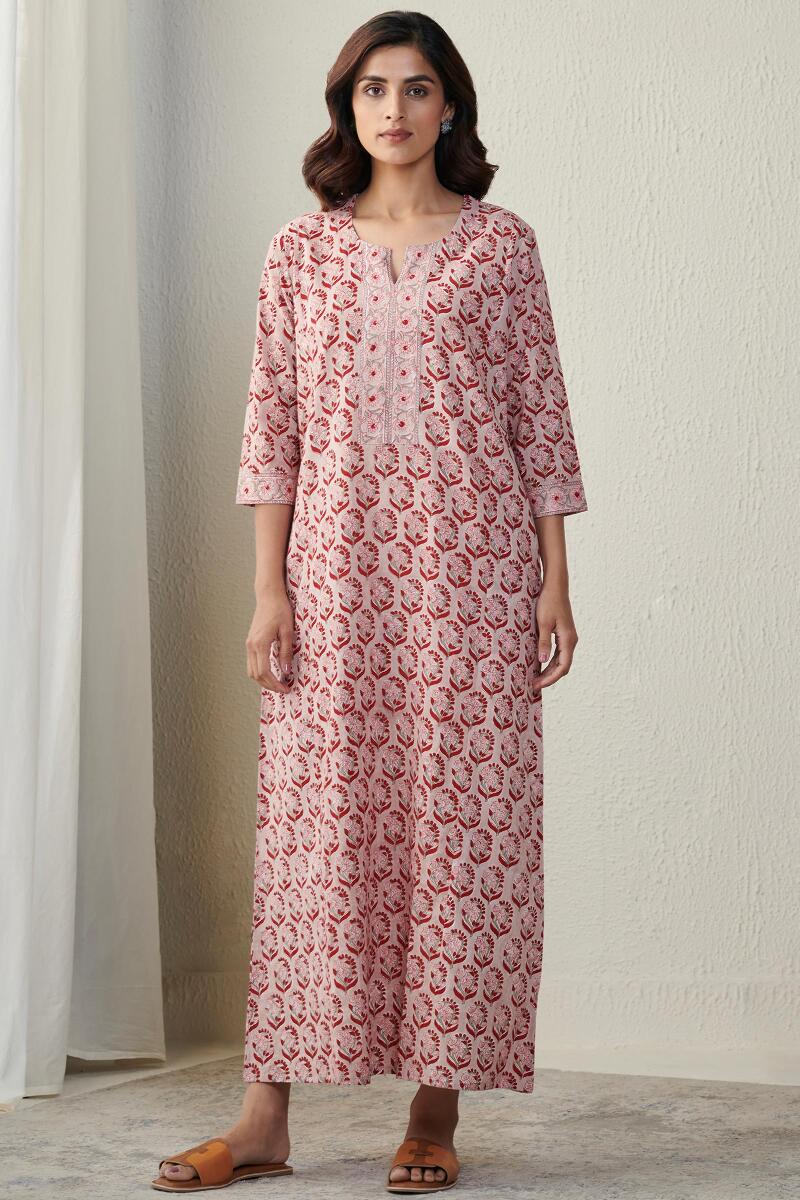 Beige Block Printed Cotton Kaftan