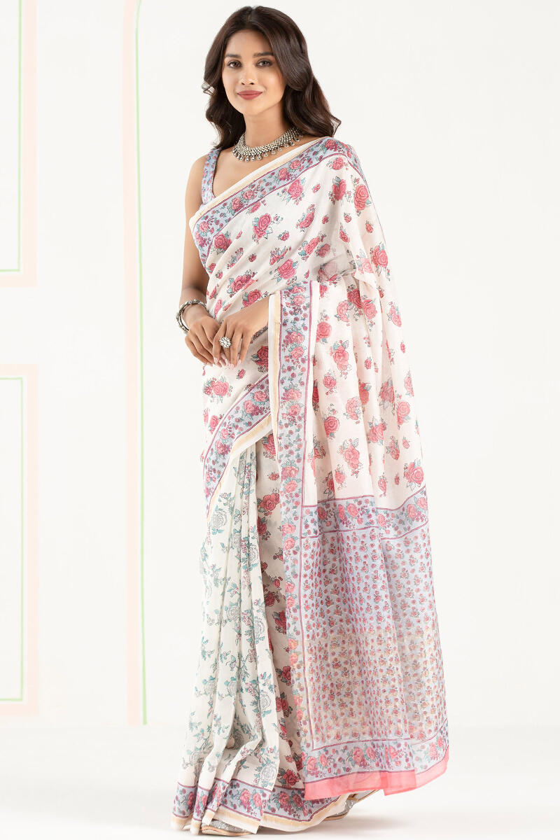 White Block Printed Chanderi Saree