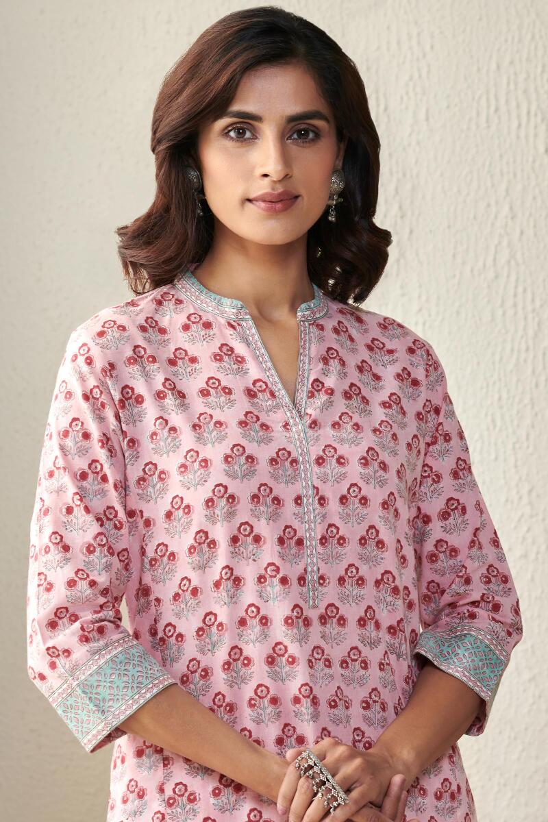 Pink Block Printed Straight Cotton Kurta