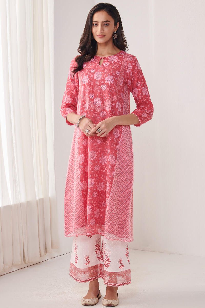 Pink Hand Block Printed A-Line Kota Kurta