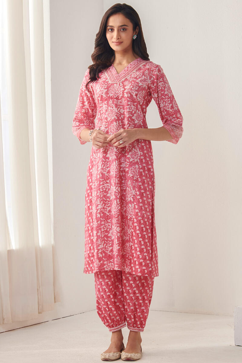 Pink Hand Block Printed Straight Cotton Kurta
