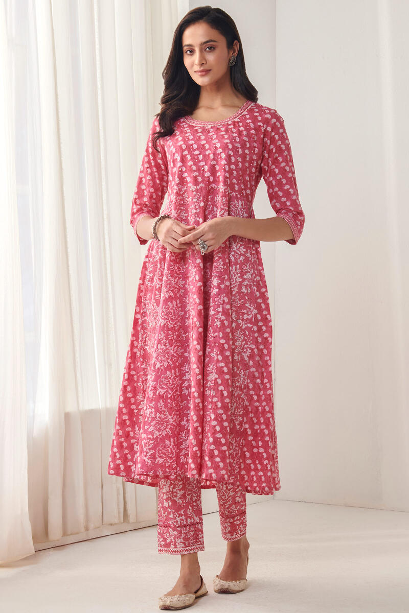 Pink Hand Block Printed A-Line Cotton Kurta