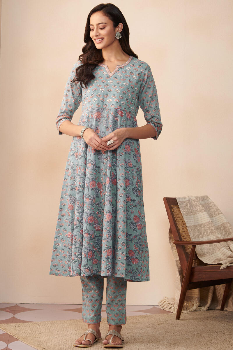 Blue Hand Block Printed Anarkali Cotton Kurta