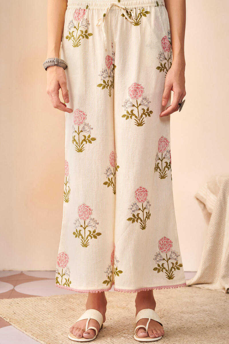 Off-White Hand Block Printed Cotton Palazzo