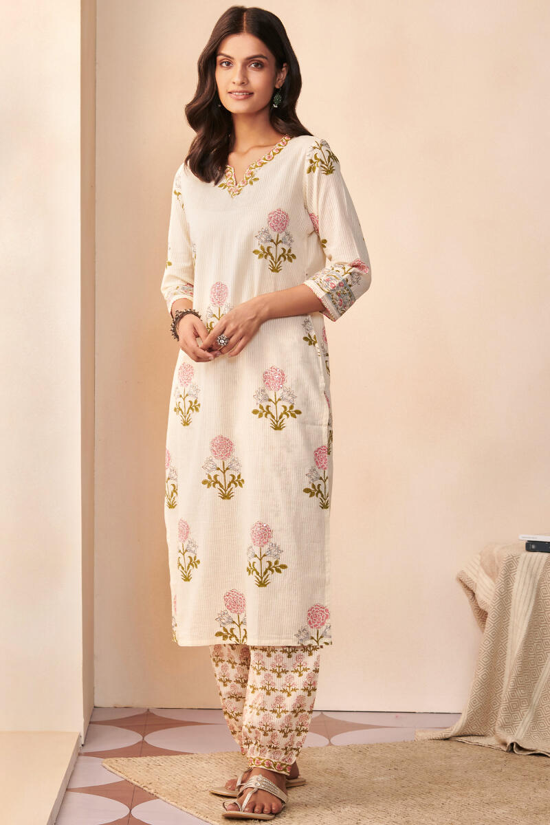 Off-White Hand Block Printed Straight Cotton Kurta