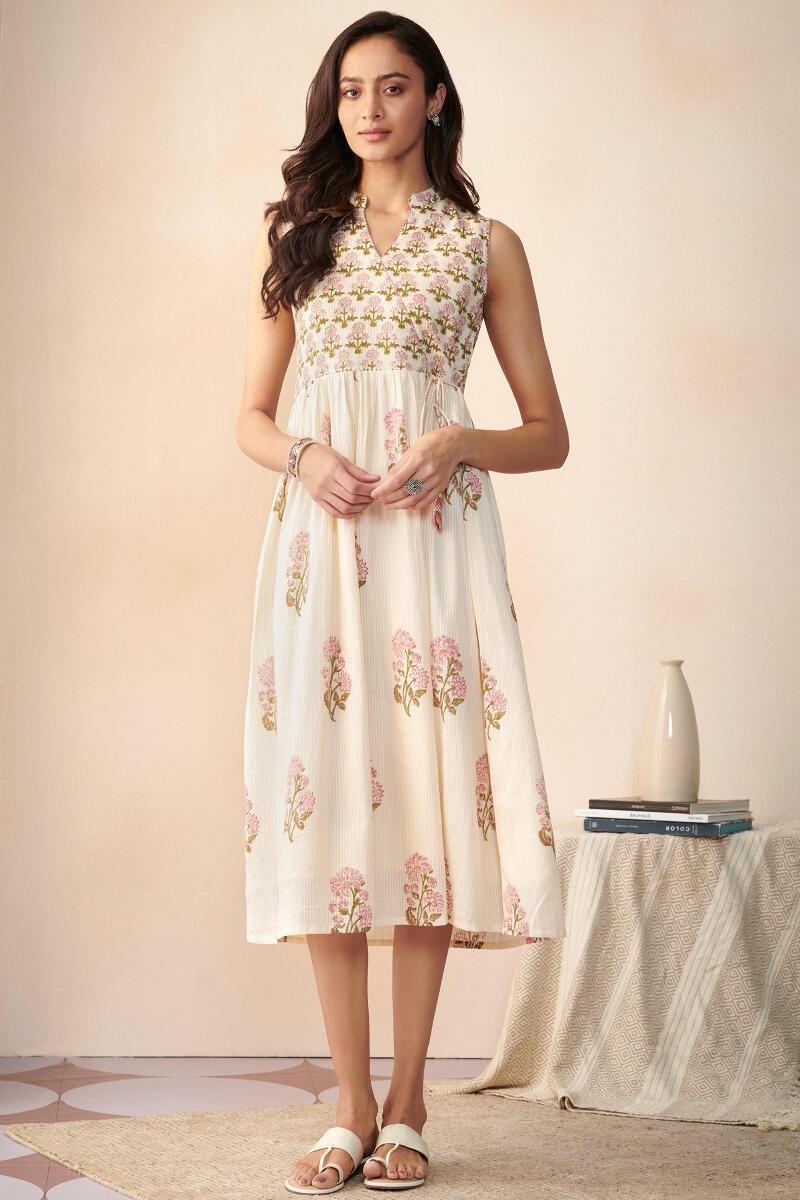 Off-White Hand Block Printed Cotton Dress