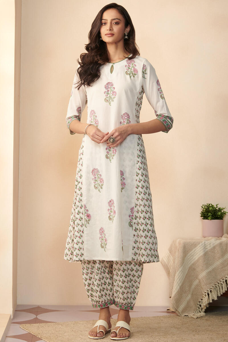 White Hand Block Printed A-Line Cotton Kurta