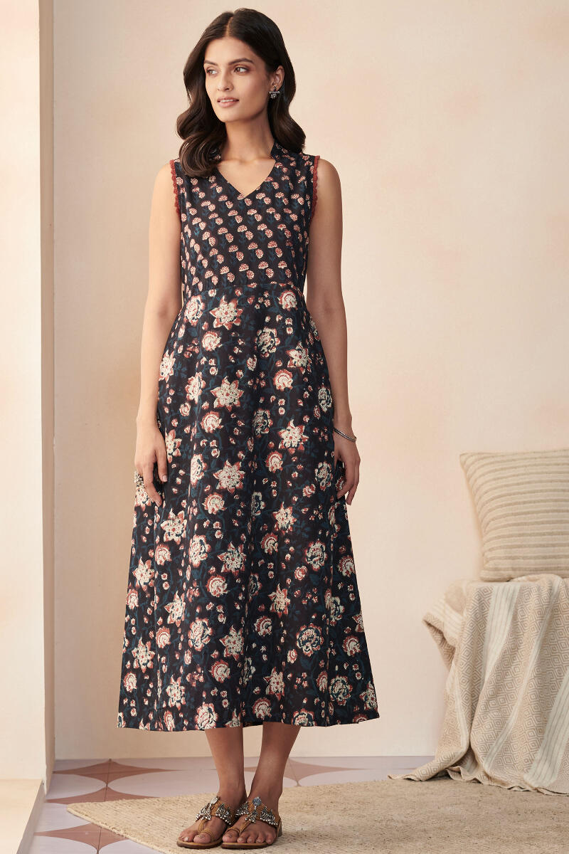 Black Hand Block Printed Cotton Dress