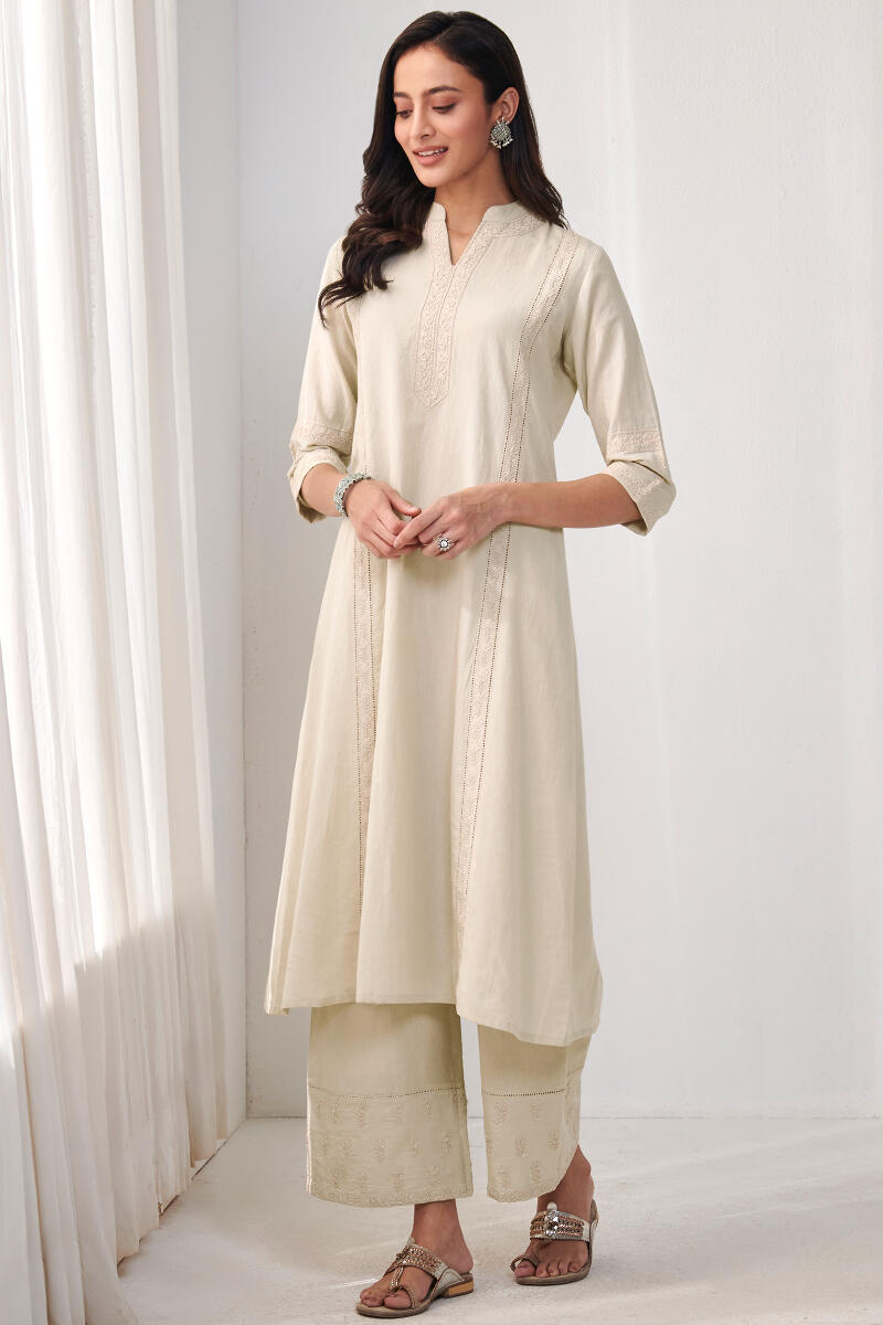 Beige Handcrafted A-Line Cotton Kurta