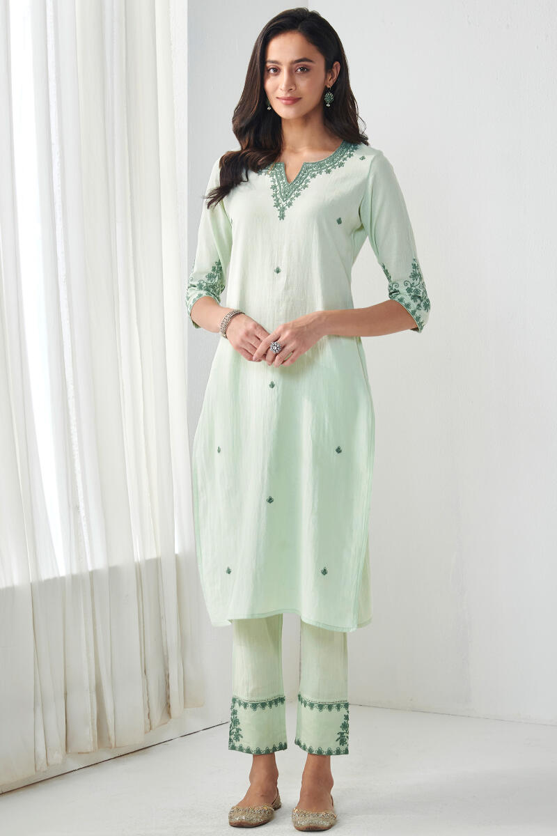 Green Handcrafted Straight Cotton Kurta