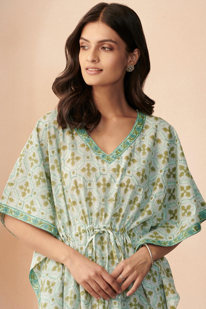 Green Hand Block Printed Cotton Kaftan