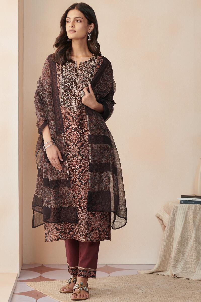 Black Hand Block Printed Cotton Dupatta