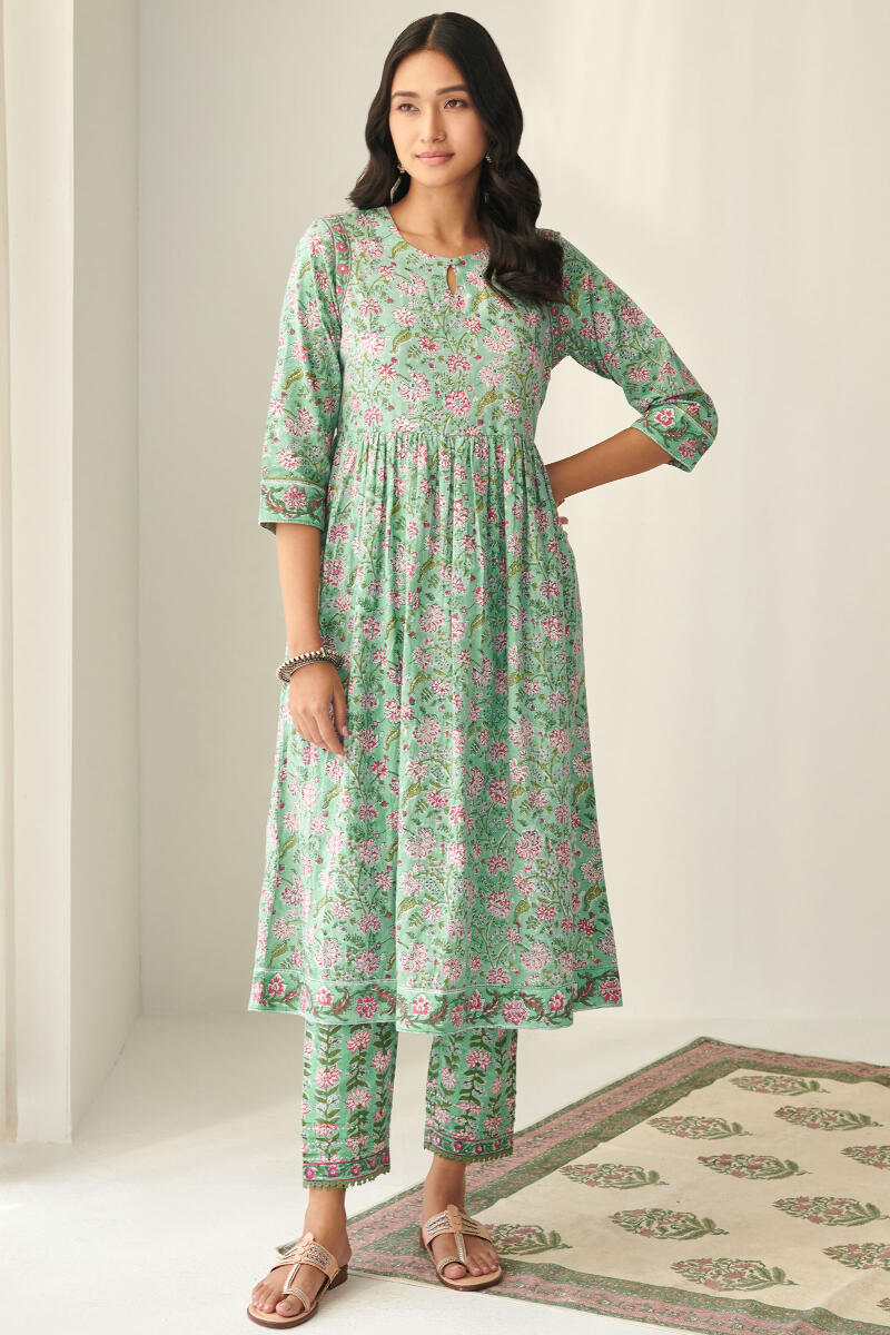 Green Hand Block Printed A-Line Cotton Kurta