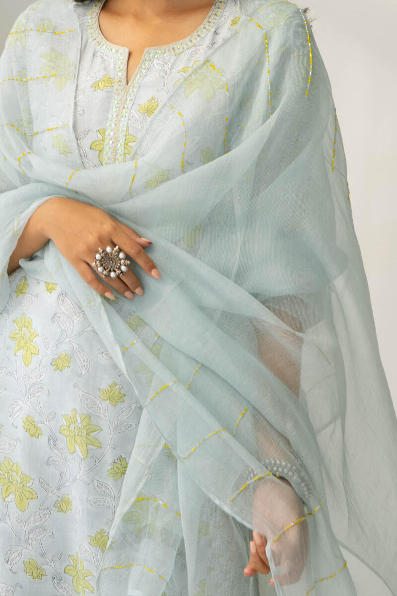 Green Hand Block Printed Cotton Silk Dupatta