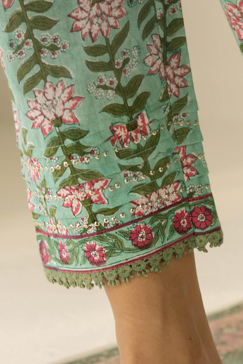 Green Hand Block Printed Cotton Narrow Pants