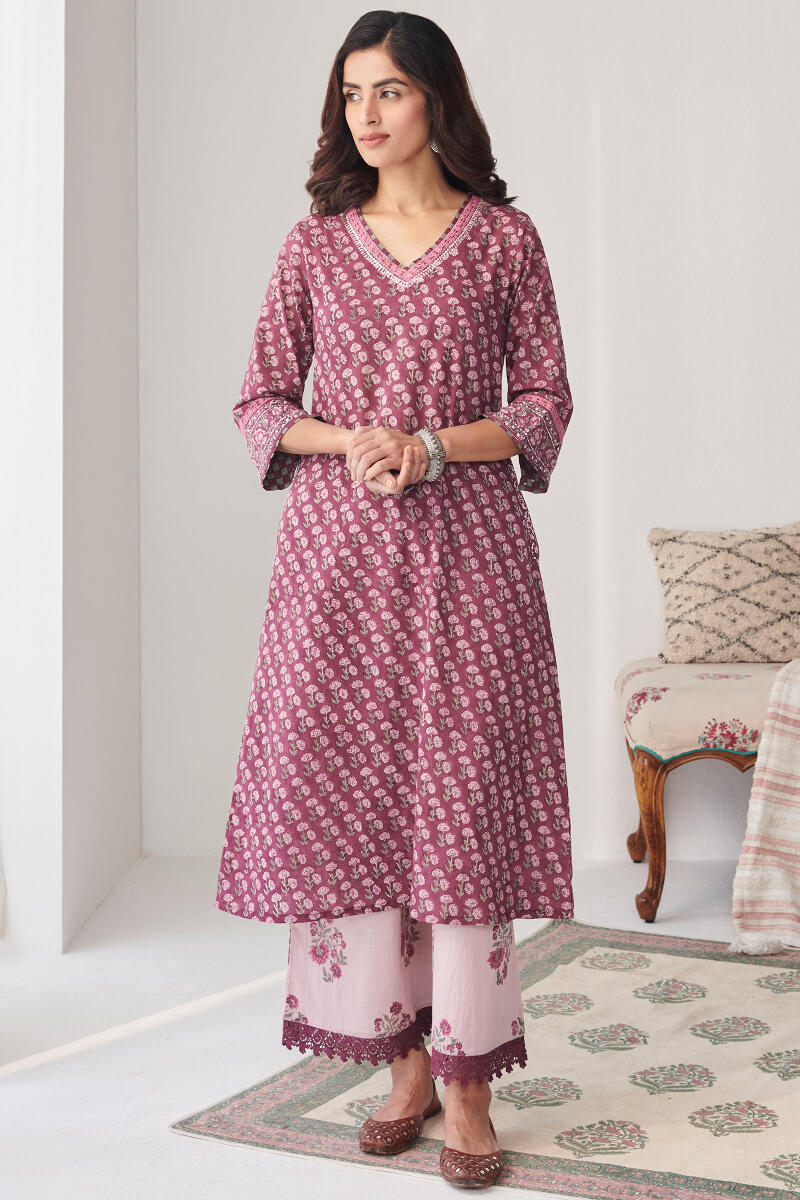 Purple Hand Block Printed A-Line Cotton Kurta