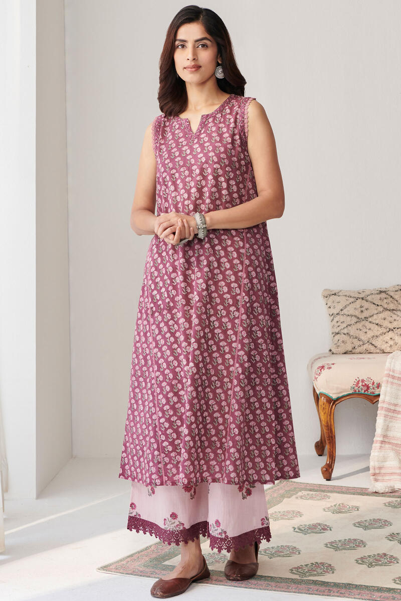 Purple Hand Block Printed A-Line Cotton Kurta