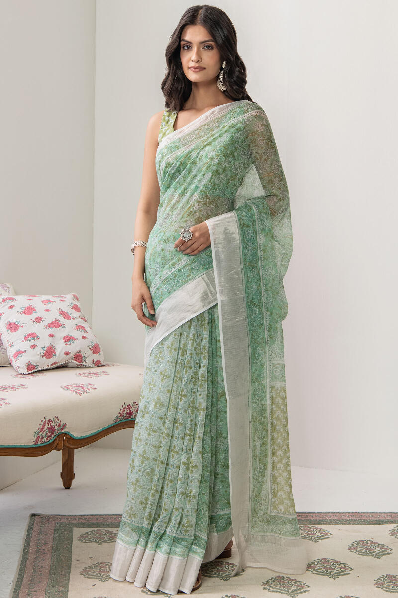 Green Hand Block Printed Kota Silk Saree