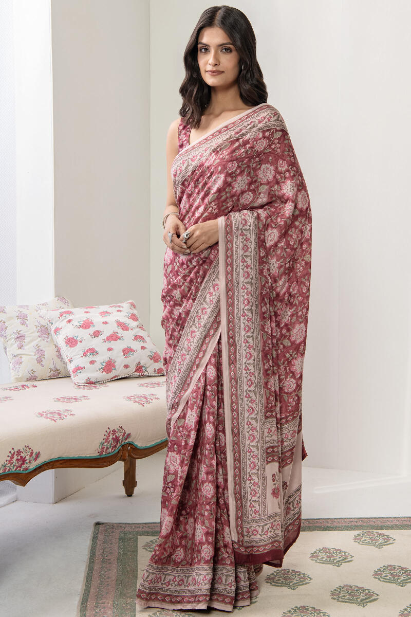 Purple Hand Block Printed Cotton Silk Saree