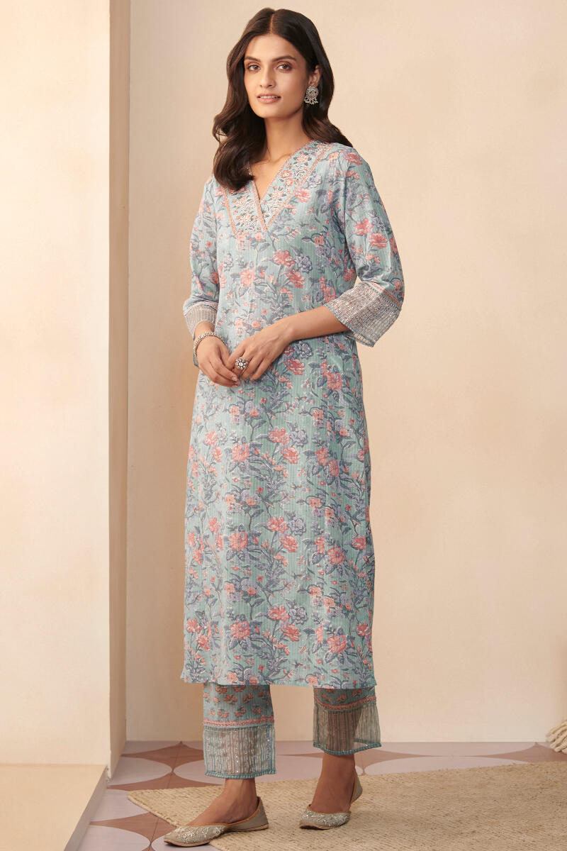 Blue Hand Block Printed Straight Cotton Kurta